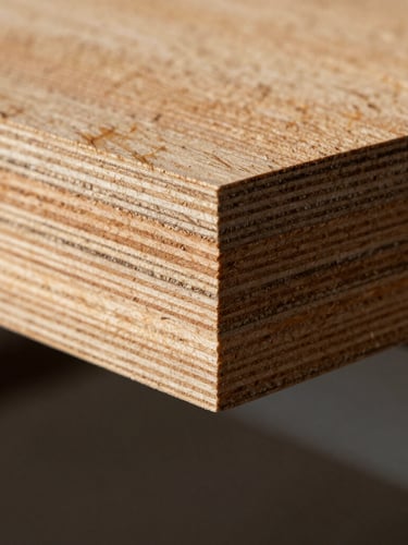 Extreme close-up of a perfectly straight, multi-layered calibrated plywood board edge, showing precise parallel veneer lines, warm timber tones, dramatic side-lighting
