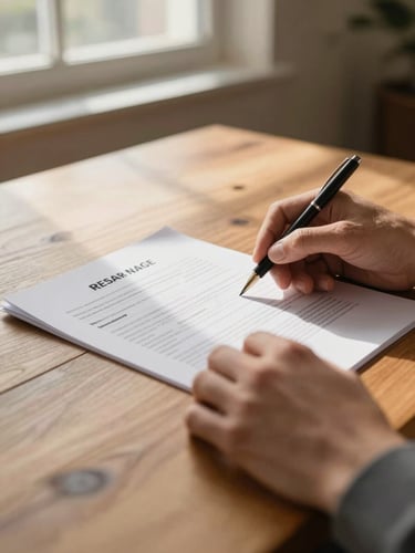 Close-up of hands reviewing real estate documents on a warm wooden table, soft window light, natural tones, shallow depth of field, 35mm style.