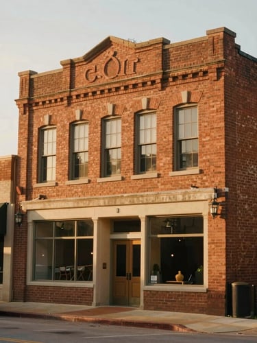 A warm editorial photograph of a historic brick building in a Central Texas downtown, soft golden daylight, shallow depth of field, 35mm style.