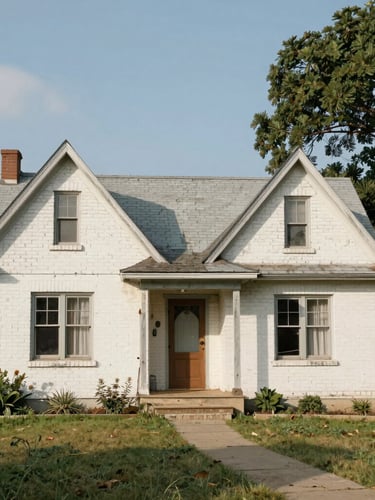 A warm, natural light photograph of a classic Central Texas home exterior with mature oak trees, soft golden hour sun casting gentle shadows, 35mm film style.