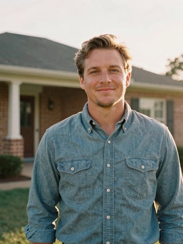 Medium environmental portrait of Wade VanDerBoom, a friendly local Texan in a casual button-down shirt, standing outside a classic brick ranch home in Temple, Texas. Warm golden-hour daylight, soft natural lighting, shallow depth of field, 35mm film style.