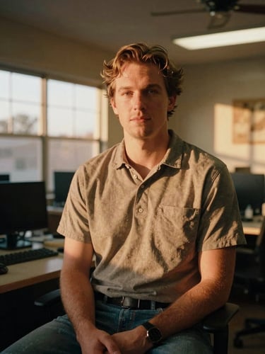 Environmental portrait of Wade VanDerBoom in a warm Central Texas office, soft natural golden-hour light, 35mm film style