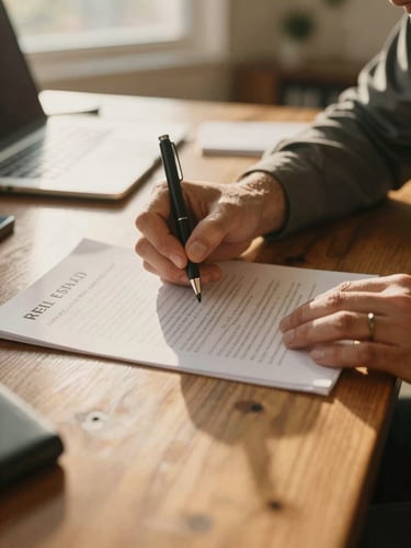 Close-up of hands signing real estate paperwork on a warm wooden desk inside a sunlit Central Texas office. Soft golden-hour daylight, shallow depth of field, authentic and reassuring atmosphere, 35mm film style.