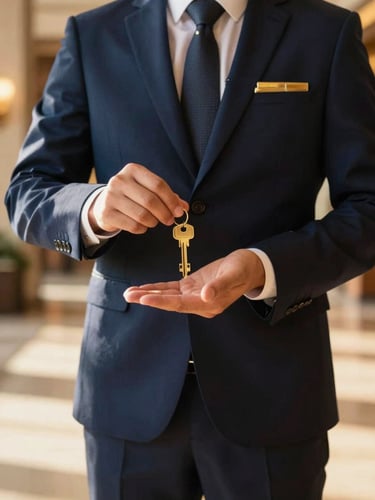 Editorial medium close-up of a professional concierge in a sharp navy suit holding an elegant gold key inside a sunlit, high-end lobby, warm golden-hour lighting, 35mm lens
