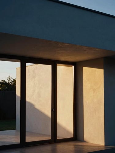 Editorial architectural shot of a modern minimalist villa interior in Cotonou, warm golden hour sunlight streaming through large windows, high contrast, 35mm lens