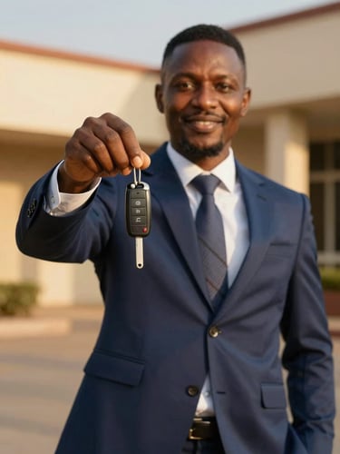 Editorial portrait of a professional facilitator in a sharp suit holding high-end car keys, warm golden hour light, architectural background of Cotonou, 35mm lens.