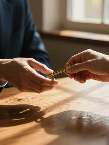 Editorial medium-close up of hands exchanging brass keys over a polished wooden table, warm golden-hour sunlight streaming through a window, rich shadows.