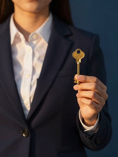 Editorial medium-close up of a professional facilitator in sharp attire holding a golden key, warm golden hour sunlight, deep midnight blue background, 35mm lens