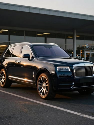 Editorial medium shot of a luxury black SUV parked on a clean asphalt lane in front of Cotonou Cadjehoun Airport terminal at golden hour, warm sunlight reflecting on metallic surfaces, deep shadows, 35mm lens