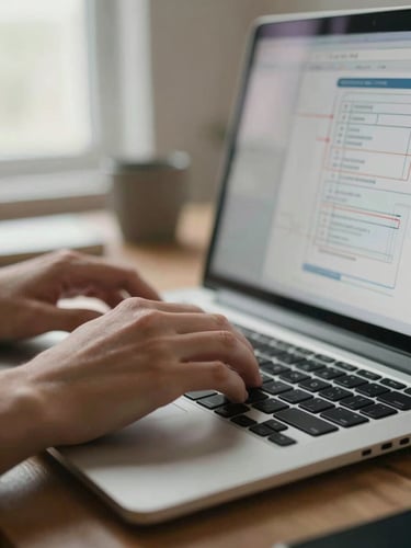 Close-up of hands on a laptop keyboard in a tidy home office, a workflow diagram visible on screen, soft natural window light from the left, shallow depth of field