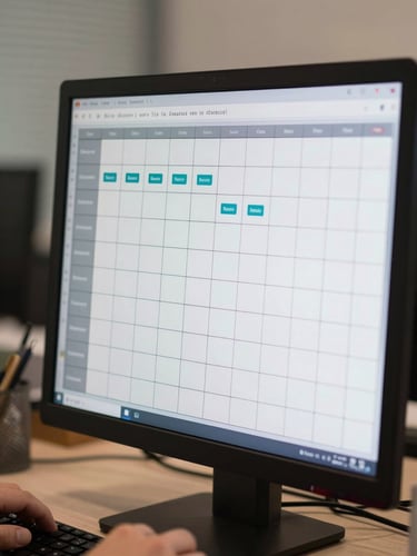 Close-up of a monitor showing a kanban-style process board with labeled columns, hands partially visible on desk, ambient indoor office light, no reflections, minimal background