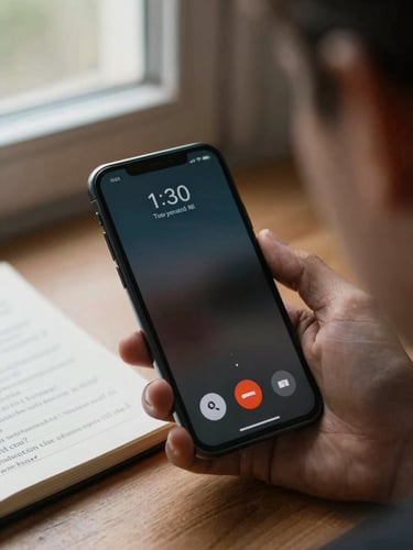 A smartphone on a desk mid-call, screen showing an active call timer, natural window light from the side, a notepad with intake questions visible nearby, shallow focus