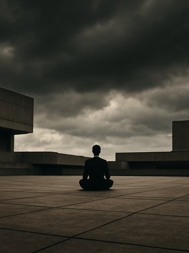 Wide anamorphic 35mm film still, high contrast, desaturated earth tones. A lone figure meditating on a massive concrete brutalist plaza under a heavy overcast sky, dramatic natural light.