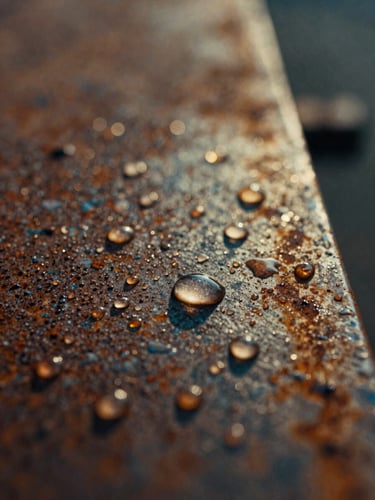 Cinematic portrait, extreme close-up of water droplets on a rusted steel plate, soft golden hour light, shallow depth of field, high contrast, 35mm film texture.