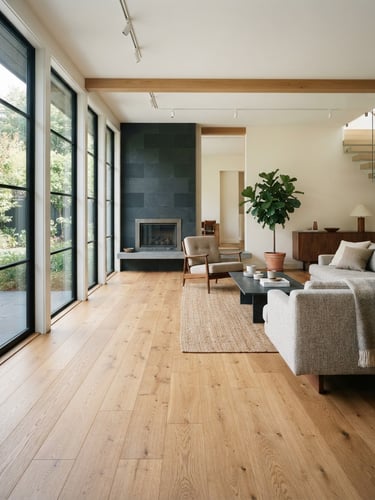 Low-angle architectural photograph of a bright modern living room with perfectly installed wide-plank oak hardwood floors, natural daylight streaming through large windows, sharp focus, 35mm