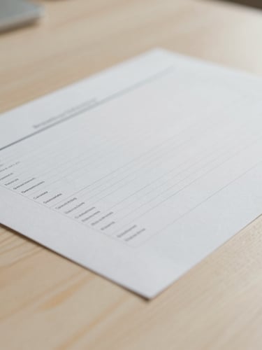 Macro close-up of structured strategic planning documents on a warm cream wooden desk, soft diffused overcast daylight, minimalist composition, 35mm