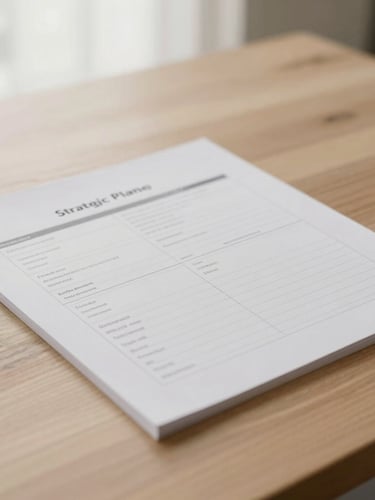 Close-up of a structured strategic planning document on a clean oak table, soft overcast morning light, minimalist composition, 35mm