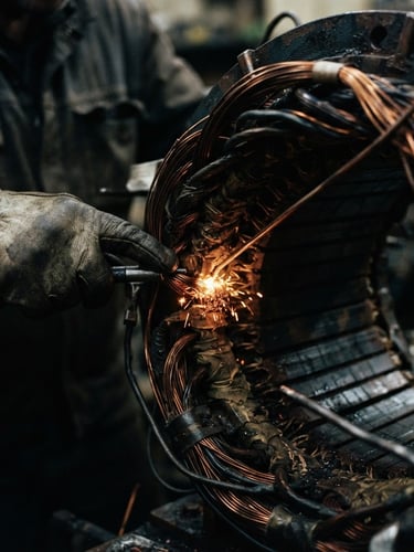Macro close-up of a technician hand-winding copper coils onto a heavy stator core, high-contrast industrial workshop lighting, dramatic amber sparks, gritty 35mm photography