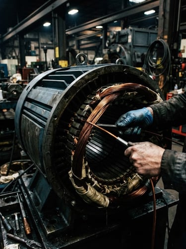 Close-up, high-contrast industrial workshop lighting, technician's hands carefully winding thick copper wire onto a massive electric motor stator core, deep slate tones, sharp focus, 35mm.