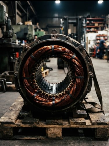Close-up of a freshly rewound 400kW industrial electric motor, gleaming copper coils, ready for dispatch, industrial workshop background, high-contrast lighting.