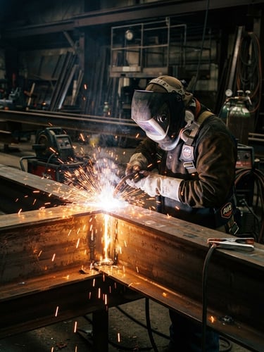 Dramatic industrial photography of AWS-certified welder fusing heavy structural steel beams, bright orange sparks flying, high contrast workshop lighting, sharp focus, 35mm