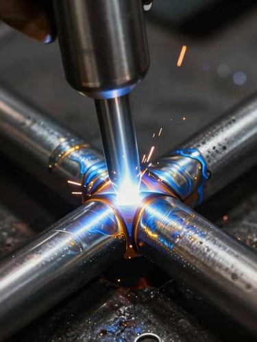 Extreme close-up of a flawless TIG weld bead on clean stainless steel, brilliant blue and gold heat tint, sharp focus on the metallic scales, dark industrial background