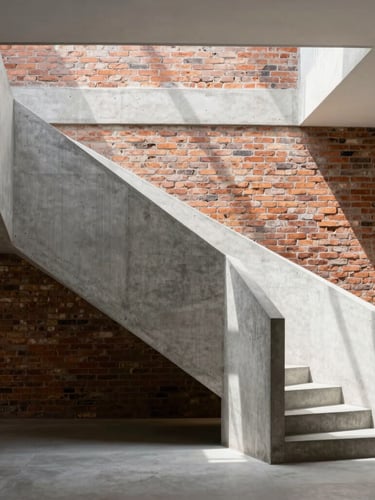 A high-end modern concrete stairwell intersecting an original historic brick wall, sunlight casting sharp geometric shadows, architectural minimalism, 35mm lens