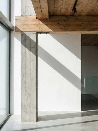 Crisp architectural photography of a structural concrete column and raw timber ceiling beam, bright natural daylight, sharp geometric shadows, clean minimalist interior, 35mm lens