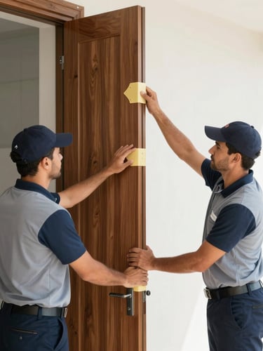 Medium shot of professional moving crew in neat uniforms placing protective corner guards on a polished wooden doorframe inside a bright modern Dubai residence.