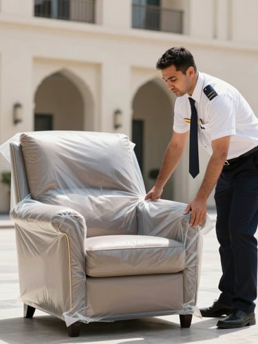 Medium shot of a uniformed professional moving crew in Dubai, carefully wrapping a luxury leather armchair in multi-layered protective film, bright natural daylight, sharp focus, 35mm lens
