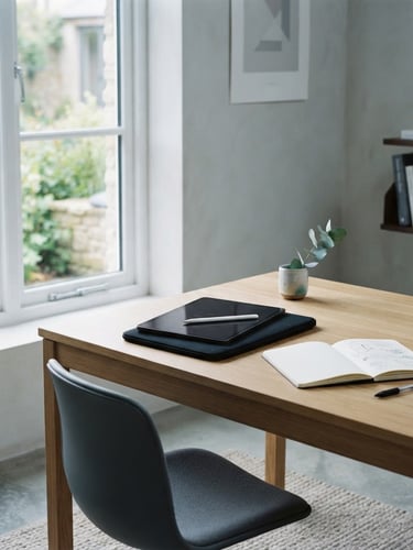 Minimalist architectural workspace with soft north-facing daylight, a clean desk with a tablet and notebook, muted cool tones, editorial 35mm photography.