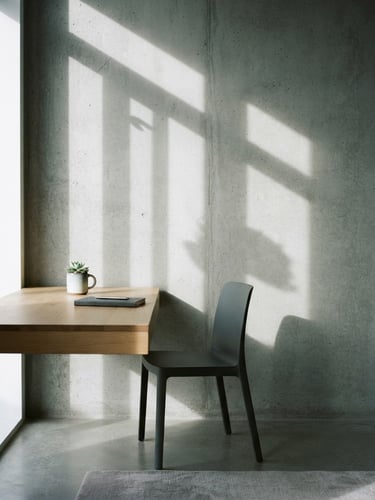 A minimalist architectural shot of a modern, quiet workspace with soft natural daylight casting clean shadows on a concrete wall, 35mm lens, editorial style