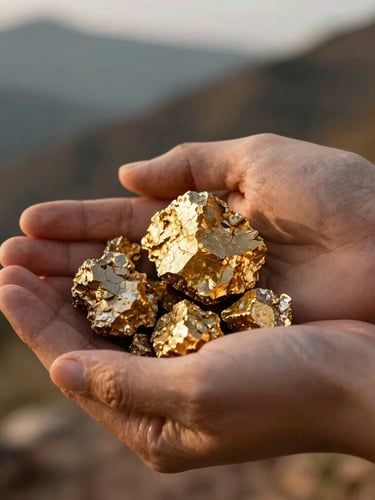 Close-up of hands holding raw gold mineral, warm natural mountain light, rich earth tones, shallow depth of field, editorial photography