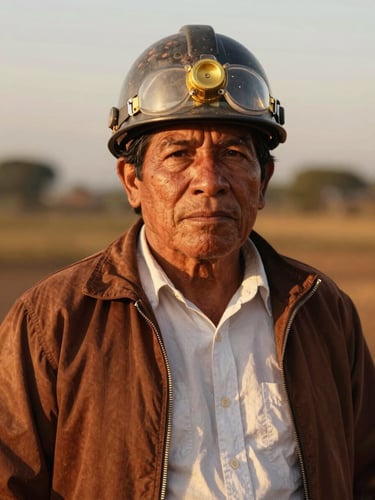 Portrait of a dignified traditional Colombian miner with safety gear under warm golden-hour light, rich earth tones, editorial photography, 35mm