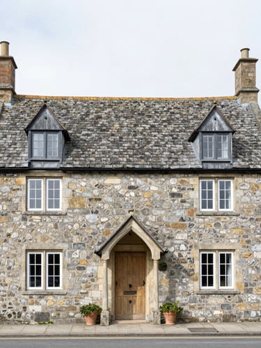 Straight-on architectural photograph of a traditional stone cottage in East Devon under bright overcast daylight, soft natural tones, sharp focus, 35mm lens