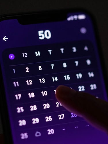 Extreme close-up macro shot of a modern Android phone screen showing a clean, dark-mode calendar widget with vibrant violet accents, soft screen-glow lighting up a finger touching the screen, moody tech aesthetic