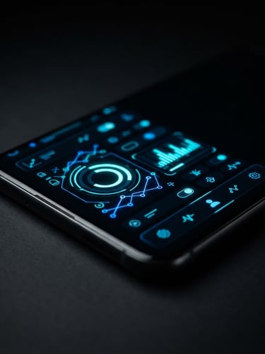 Vue macro d'une maquette Figma épurée d'une application mobile en mode sombre, avec des éléments d'interface utilisateur en néon bleu et cyan, affichée sur un écran de smartphone ultra-fin, éclairage studio dramatique, haute résolution, style tech élégant.