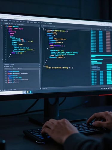 Sleek dark-mode tech photography, a developer's hands collaborating over a glowing code editor on a large monitor, with abstract data streams in the background, dramatic neon blue and cyan lighting, high-contrast premium aesthetic, sharp focus, 35mm lens, portrait orientation