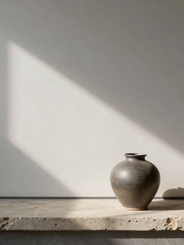 Soft diffused daylight casting architectural shadows across a blank gallery wall next to a single matte ceramic vase on a raw stone ledge