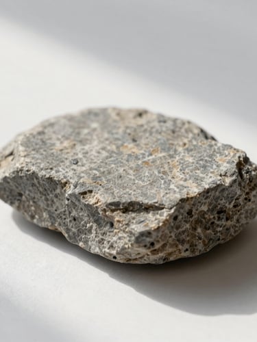 Macro photograph of textured warm gray stone, soft diffused northern daylight casting subtle diagonal shadows across a clean white surface, minimalist composition.