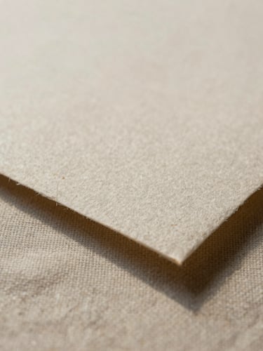 Macro close-up of textured handmade paper resting on raw linen under soft diffused daylight, soft-edged shadows, neutral warm tones.