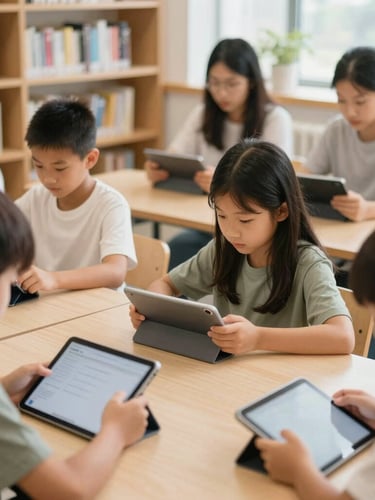 A group of children and adults collaboratively learning with digital tablets in a well-lit community library, natural diffused daylight, soft muted earth tones, shallow depth of field, 35mm lens.