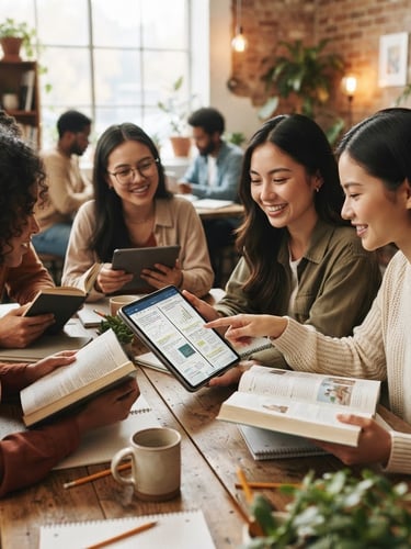 Students in a community learning space, hands holding digital tablets and physical books, collaborating. Warm editorial photography, natural diffused daylight, soft muted earth tones, shallow depth of field, 35mm lens.