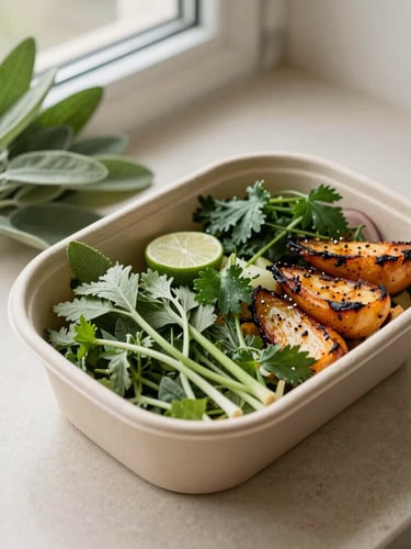 Overhead flat-lay of a freshly prepared healthy meal in clean sustainable packaging, vibrant green herbs and roasted vegetables, soft natural window light, organic sage and sand tones, shallow depth of field, 35mm