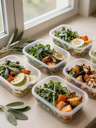 Overhead flat-lay of organized healthy meal prep containers with vibrant greens and roasted vegetables, soft natural window light, organic sage and sand tones, 35mm