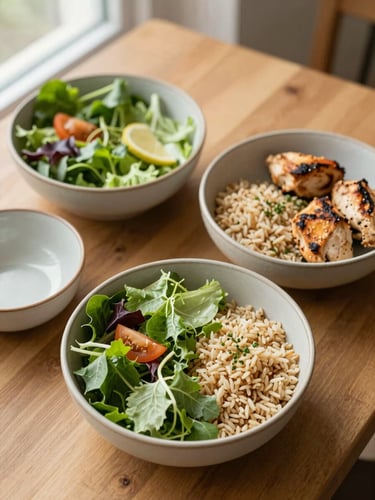 Overhead flat-lay of a wooden table with organic ceramic bowls containing fresh salad, brown rice, and grilled chicken, soft natural side light, 35mm photography