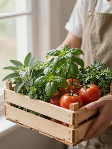 Hands of a local farmer holding a wooden crate full of fresh organic herbs, basil, and tomatoes, soft morning light, 35mm