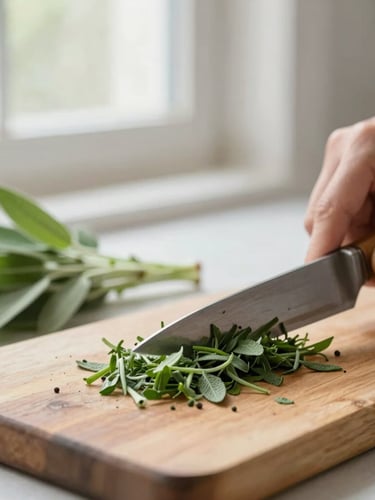 Close-up of fresh green herbs being chopped on a rustic wooden board, soft natural window light, clean kitchen setting, organic sage and sand tones, 35mm
