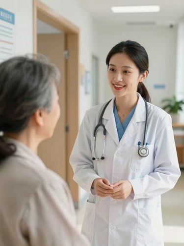 A female doctor in a light-filled hospital hallway talking warmly to an elderly patient, natural daylight, soft focus, professional and human