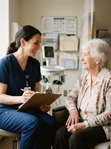 Authentic clinical environment, a nurse holding a clipboard talking to an elderly patient under soft natural daylight, warm editorial photography, shallow depth of field, 35mm